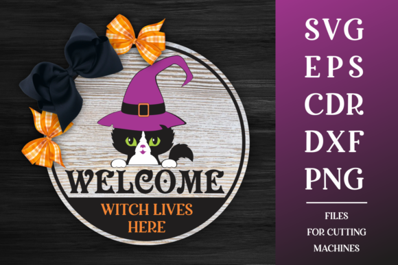 Halloween Round Sign SVG with Black Cat